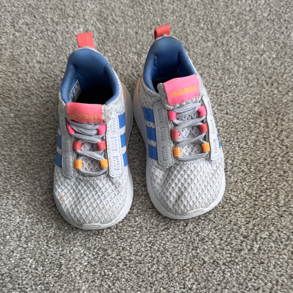 adidas Kids White Sneakers with Blue Stripes and Pink Accents